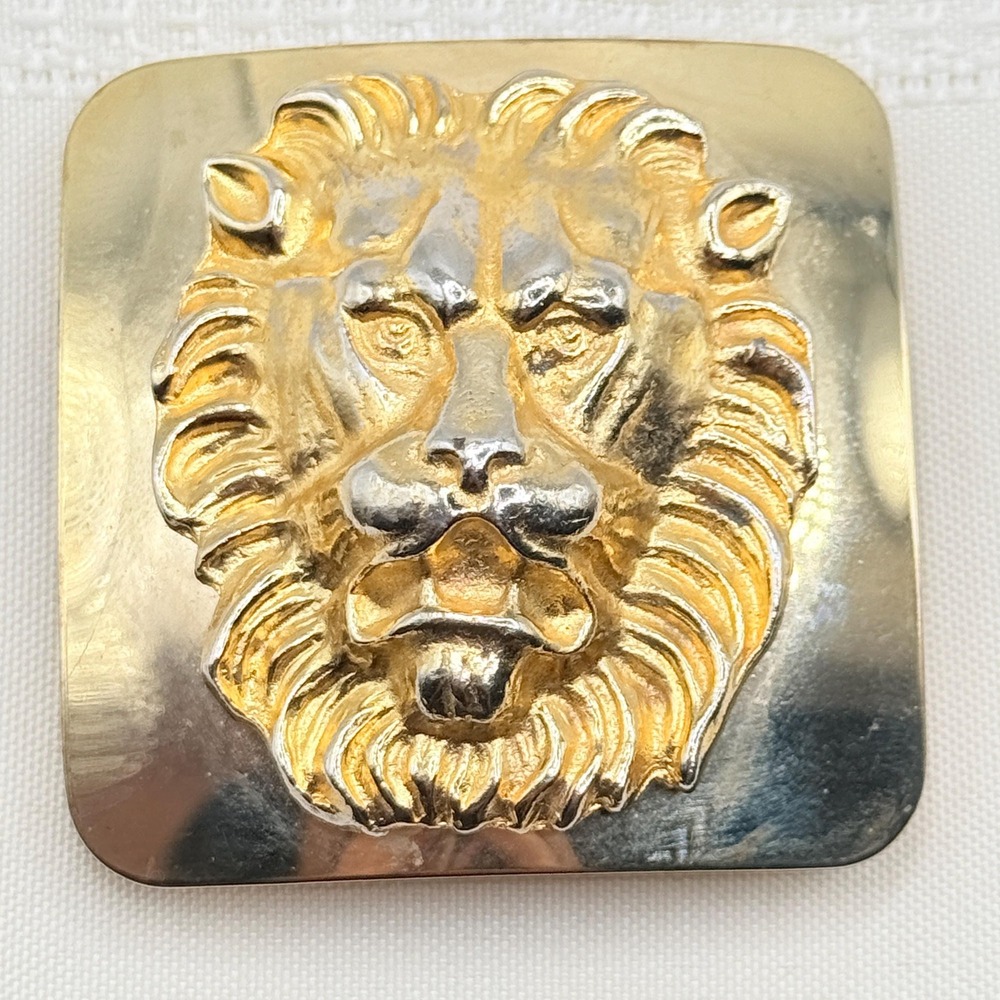Vintage 80s Style Gold Tone Metal Lion Head Square Belt Buckle 2"